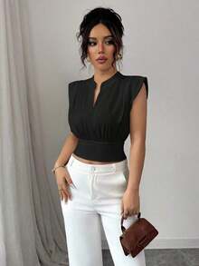 Nueva camiseta sin mangas ajustada para mujer con cuello alto de punto, media cremallera frontal y estilo informal - Negro - Ver 5