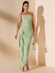 Vestido de dama de honor de boda de verano, vestido largo blanco con pliegues, abertura alta, volantes y tiras para fiesta, sin mangas y sin tirantes, sexy - verde menta - Ver 1