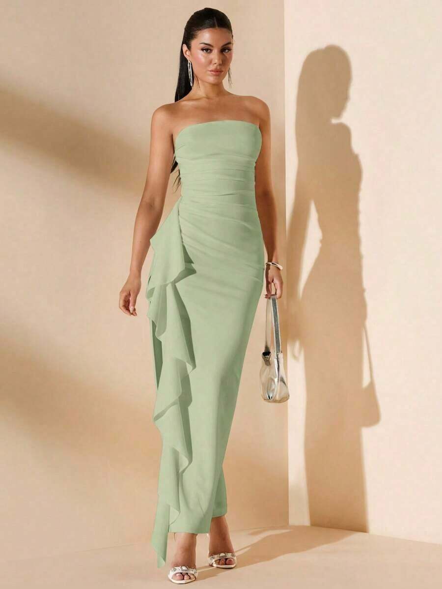 Vestido de dama de honor de boda de verano, vestido largo blanco con pliegues, abertura alta, volantes y tiras para fiesta, sin mangas y sin tirantes, sexy - verde menta - Ver 1