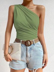Top corto de mujer de unicolor con pliegues y sin mangas, de moda - Verde - Ver 3