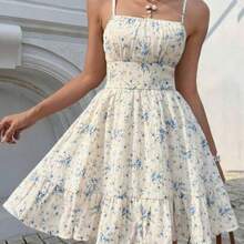 Women's Summer Holiday Ditsy Floral Print Ruffle Hem Spaghetti Strap Beach Dress,Bohemian Clothes Vacation Resort - Azul y blanco - Ver 1