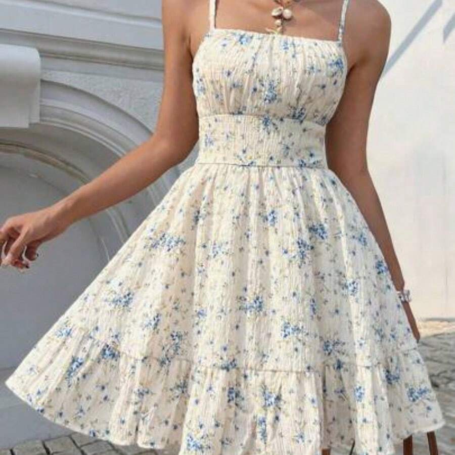 Women's Summer Holiday Ditsy Floral Print Ruffle Hem Spaghetti Strap Beach Dress,Bohemian Clothes Vacation Resort - Azul y blanco - Ver 1