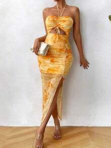 Vestido largo de mujer con cuello de halter, plisado y estampado de malla - Amarillo - Ver 4