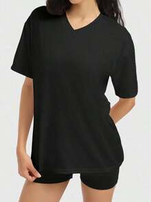 Camiseta holgada para mujer de manga corta y cuello redondo, camisa casual estilo Y2K, básica para deportes de verano - Negro 2 - Ver 3