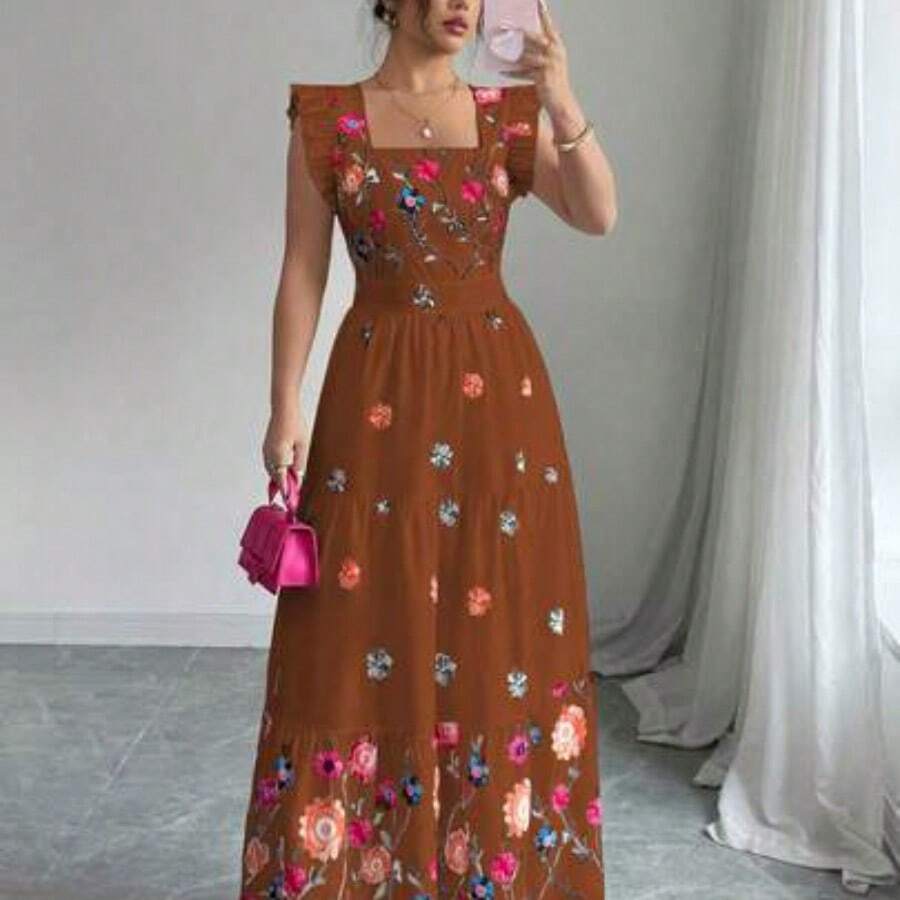 Elenzya Women's Colorful Print Cinched Waist Square Neck Cap Sleeve Casual Vacation Style Dress - Marrón - Ver 1