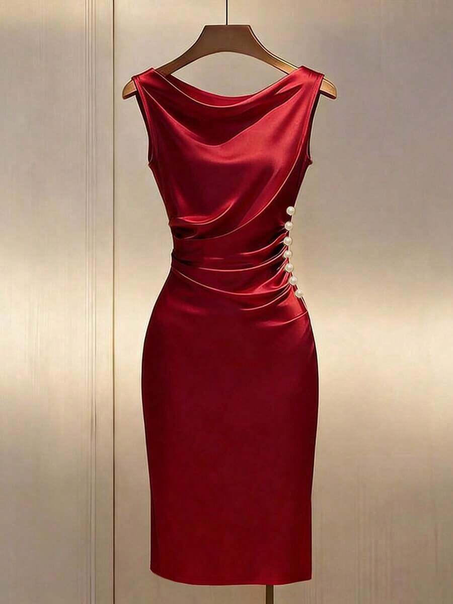 Vestido ajustado sin mangas con cuello drapeado de satén color dorado champán - Rojo - Ver 1