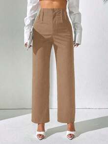 Pantalones rectos de cintura alta de unicolor casual para mujer - Caqui - Ver 7