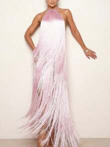 Sexy Halter Neck Backless Long Tassel Dress Gown - Baby Pink - View 2