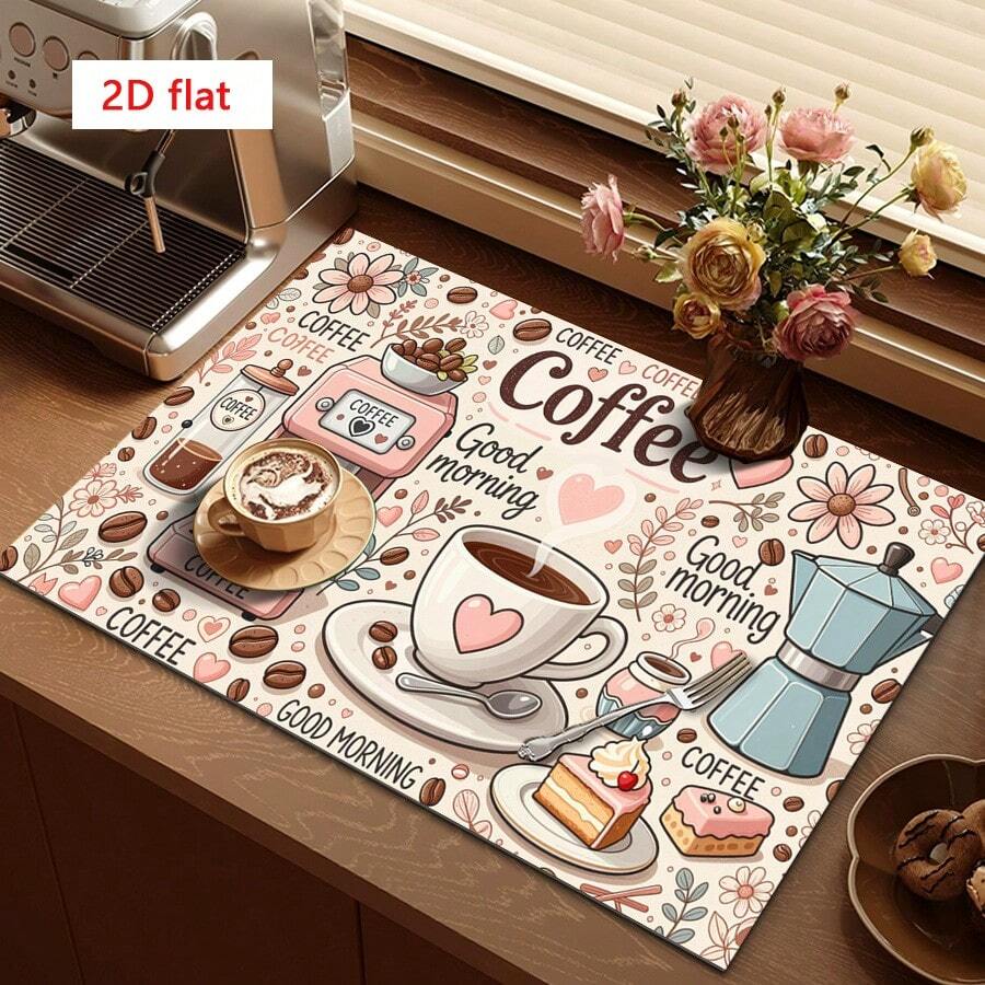 1 pieza Estera de secado de café, Almohadilla para máquina de café, Estera absorbente con tema de café de dibujos animados, Con diseño retro de máquina de café y taza rosa, con decoración floral y de corazones, Adecuada para mesa de comedor y cafetería, Destacando la absorción y el ambiente acogedor, Estera de drenaje multiusos, Regalo para el hogar, Decoración de mesa