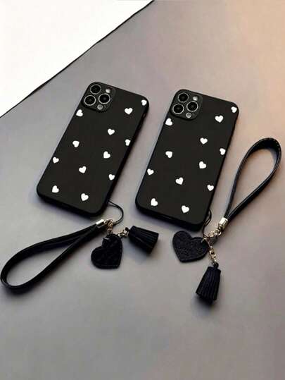 1 Pc Fine Hole Straight Edge Heart Painted Thickened Anti-Fall Painted Phone Case Protective Cover With New Leather Heart Hand Strap DIY Phone Case Hanging Ornament Leather Rope Tassel Pendant Short Wrist Strap Hanging Ornament For Phone 15Promax Apple P13 Phone 16Promax Phone Case P14 Female P11 Phone 16 Soft Case P12 Anti-Fall XS.XR /78P.