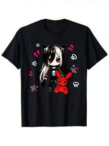 Camiseta Vintage Gótica de Anime para Hombre - Negra, con un lindo diseño de conejo emo en estilo Q, top estampado de estilo gótico suave, adecuada para cosplay y uso diario en la calle.Camisetas exclusivas y suaves para el uso diario para fans de anime, camisetas de estilo gótico, ropa casual, moda vanguardista, estampados duraderos, camisetas de manga corta, estilo alternativo. - Negro - Ver 6