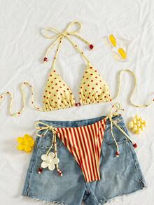 PEPPERMOLLY Conjunto de Maiô Bikini Halter Retrô com Bolinhas e Listras — free download