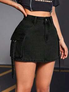Falda de mezclilla de unicolor de moda para mujer - Negro - Ver 3