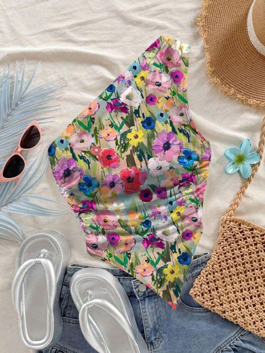 Top corto casual de mujer con estampado floral sin tirantes, adecuado para vacaciones de verano - Multicolor 3 - Ver 1