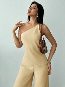 Nuevo conjunto de verano elegante de vacaciones de 2 piezas de lino, con top de cintura fruncida y espalda descubierta de dobladillo asimétrico en color albaricoque y pantalón largo de cintura alta - Amarillo claro - Ver 3