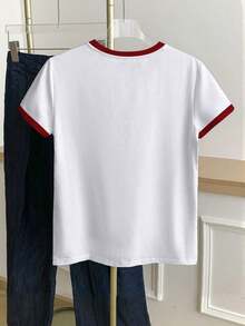 Camiseta de mujer de manga corta con cuello redondo y estampado de bloques de color - Blanco 6 - Ver 6