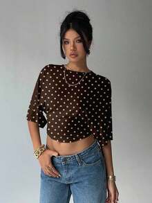 Blusa de verano para mujer con diseño de manga murciélago, cuello redondo, fruncido y estampado floral de tinte de agua en tonos cálidos, ideal para playa/vacaciones, un look casual, minimalista y elegante - Marrón 2 - Ver 7