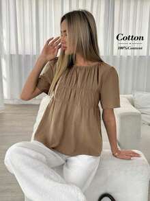 Camisa casual de mujer de unicolor, cuello redondo, manga corta y plisada - Marrón Mocha - Ver 7
