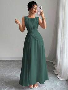 Vestido maxi casual, romántico, vintage y elegante de gasa para mujer con cordón en la cintura, para la playa, el té de la tarde, fiestas de noche, uso diario, sin mangas, de unicolor, vestido largo, primavera/verano - Verde Oscuro - Ver 1