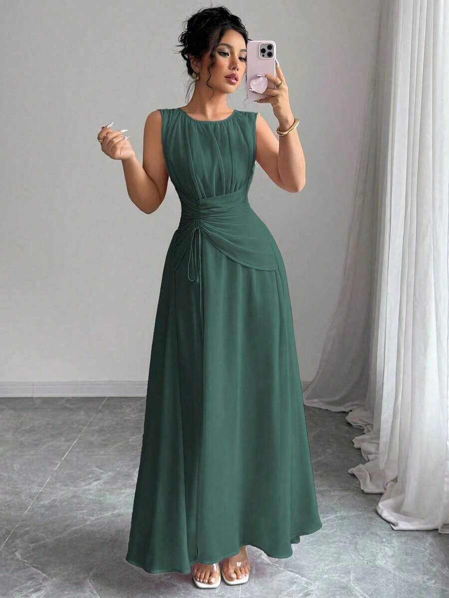 Vestido maxi casual, romántico, vintage y elegante de gasa para mujer con cordón en la cintura, para la playa, el té de la tarde, fiestas de noche, uso diario, sin mangas, de unicolor, vestido largo, primavera/verano - Verde Oscuro - Ver 1
