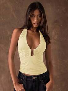 Blusa de mujer con escote halter y espalda descubierta con estampado de leopardo, adecuada para vacaciones de verano y fiestas - Amarillo - Ver 1