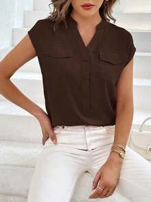 Camisa casual de mujer de unicolor con cuello en V, abotonadura sencilla y bolsillo - Café integral - Ver 3