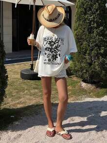 Loose And Casual Summer T-Shirt With Letter Print And Contrasting Lace, Oversized Graphic T-Shirt With Floral Print - Vintage Street Style Unisex Loose Cotton Short Sleeve Crew Neck T-Shirt. Blouses For Women. Casual Blouses For Ladies. - 白色 2 - 查看 7