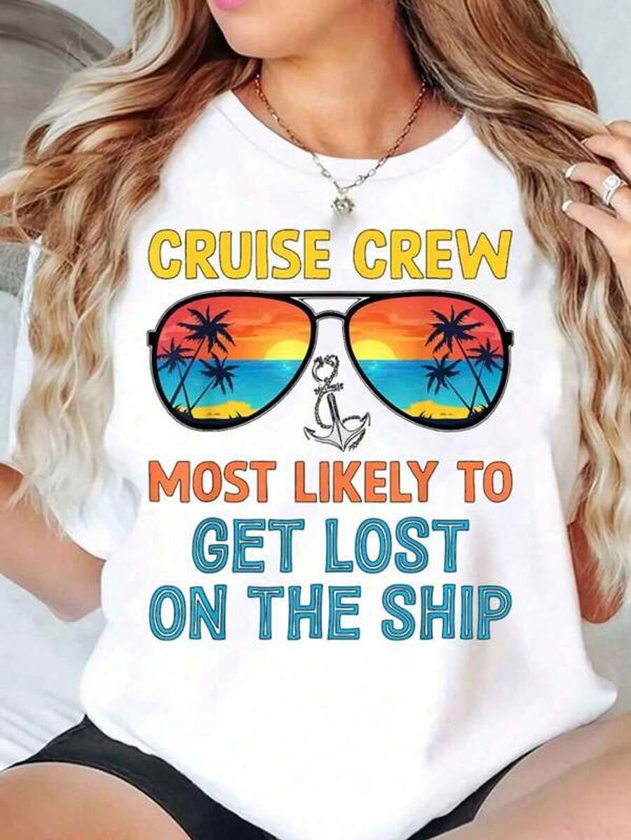 Camiseta de mujer con estampado de gafas de sol, palmera y ancla, de estilo casual diario con cuello redondo y manga corta, suave y cómoda de 220g