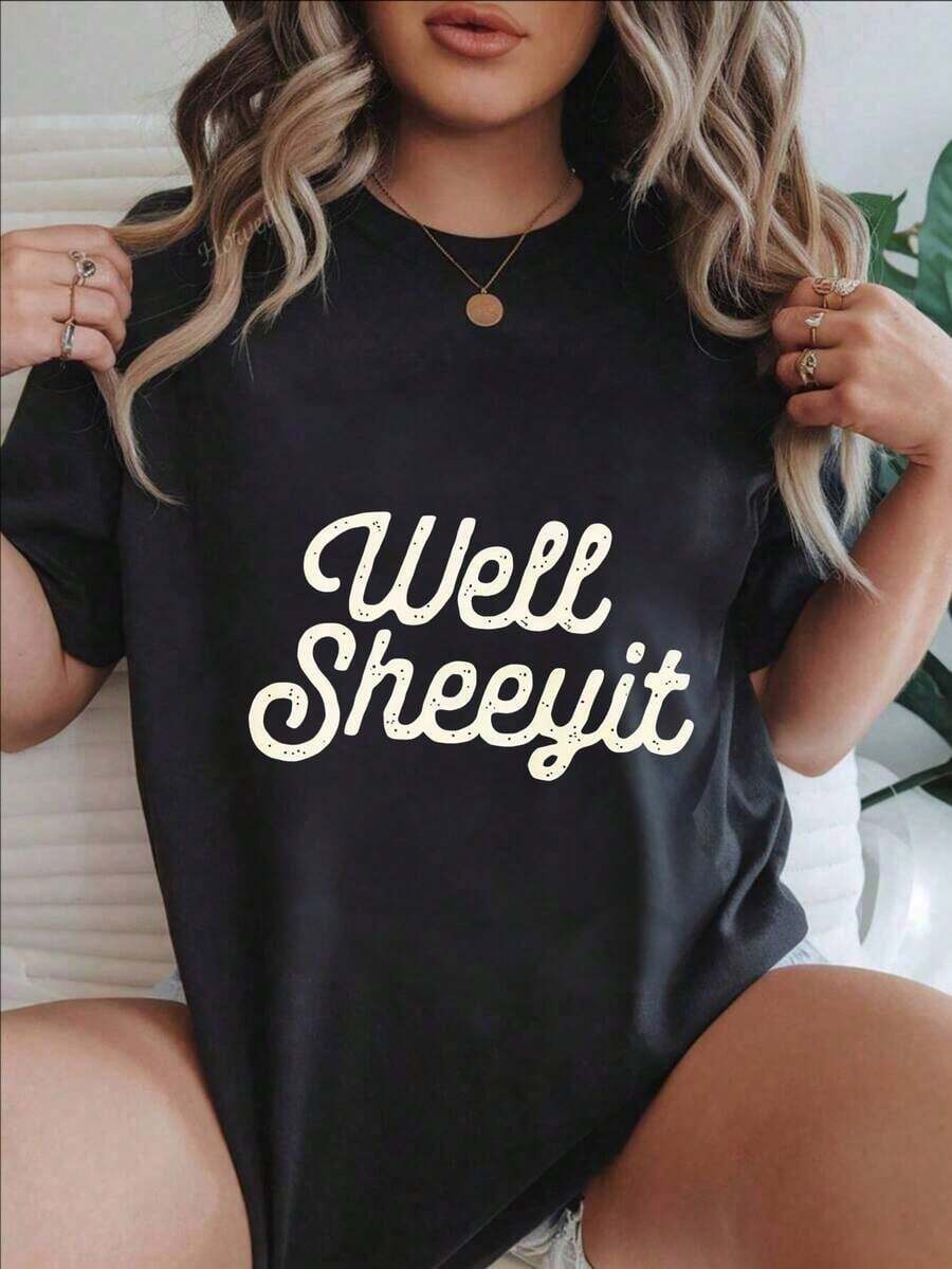 Women's Casual Short Sleeve T-Shirt - Well Sheeyit Summer Crew Neck T-Shirt, Machine Washable, Ladies' T-Shirts, Casual Wear, Modern Style, Comfortable Fit
Black - 黑色 - 查看 1