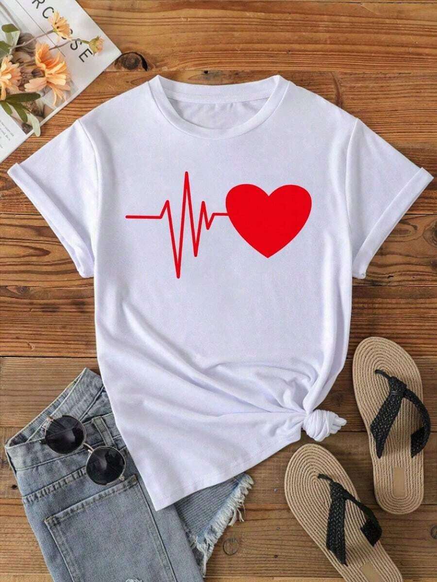 Camiseta de manga corta con cuello redondo para mujer, estampada con motivos de corazones y ECG, sencilla y elegante. - Blanco - Ver 1