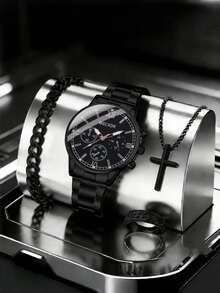 Set de 4 piezas para hombre: Reloj de cuarzo con calendario de números romanos, pulsera, collar con cruz, anillo - Conjunto de joyería casual y de negocios, apto para uso diario - traje - Ver 10
