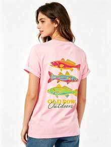 Men's Casual Summer Washed Cotton T-Shirt Old Row Outdoor Fish Print, Round Neck Short Sleeve Lightweight Knitted Fabric, Rib Details 100% Cotton - 純棉粉紅色 - 查看 2