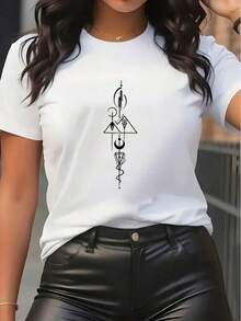 Playera de mujer 100% algodón manga corta con estampado geométrico chic para verano - Blanco - Ver 1