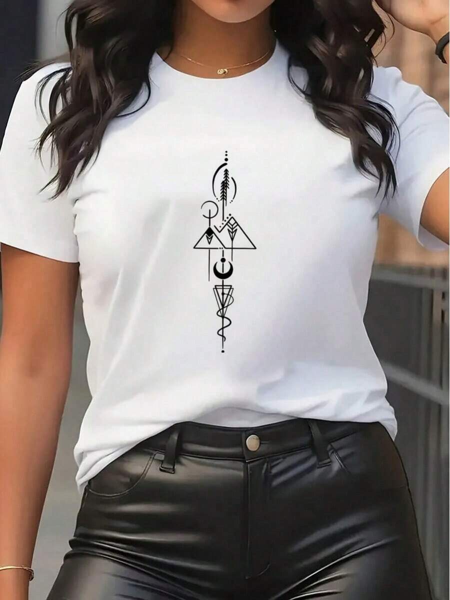 Playera de mujer 100% algodón manga corta con estampado geométrico chic para verano - Blanco - Ver 1