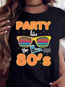 playeras de algodón mujer 1psc1 pieza Camiseta de fiesta como los 80 para mujeres - Camiseta retro de fiesta de los 80 con gafas de sol y diseño neón, divertida camiseta vintage para fiestas temáticas de los 80, disfraces, celebración de cumpleaños, Halloween o atuendos casuales, 180g 100% algodón suave100%cotton ropa de mujer Daily home top - Negro - Ver 7