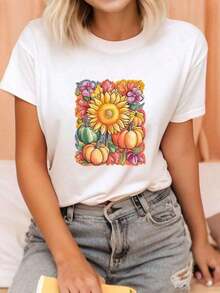 playeras de algodón mujer 1pscCamiseta de Otoño con Diseño de Girasoles y Calabazas - Blusa de Manga Corta con Estampado Floral Blanco que Incluye Girasoles, Margaritas y Dalias - Tela Suave y Transpirable, Unisex - Perfecta para Fiestas de Cosecha de Otoño, Día de Acción de Gracias, Camiseta Casual Lavable a Máquina, Estilo Bohemio, Ajuste Cómodo, Material Ligero, Moda de Temporada100%cotton ropa de mujer Daily home top - Blanco - Ver 2