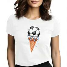 Tops para mujer Casual de Algodón Blanco para Mujer con Estampado Único de Balón de Fútbol y Helado, Cuello Redondo y Manga Corta - Blanco - Ver 1