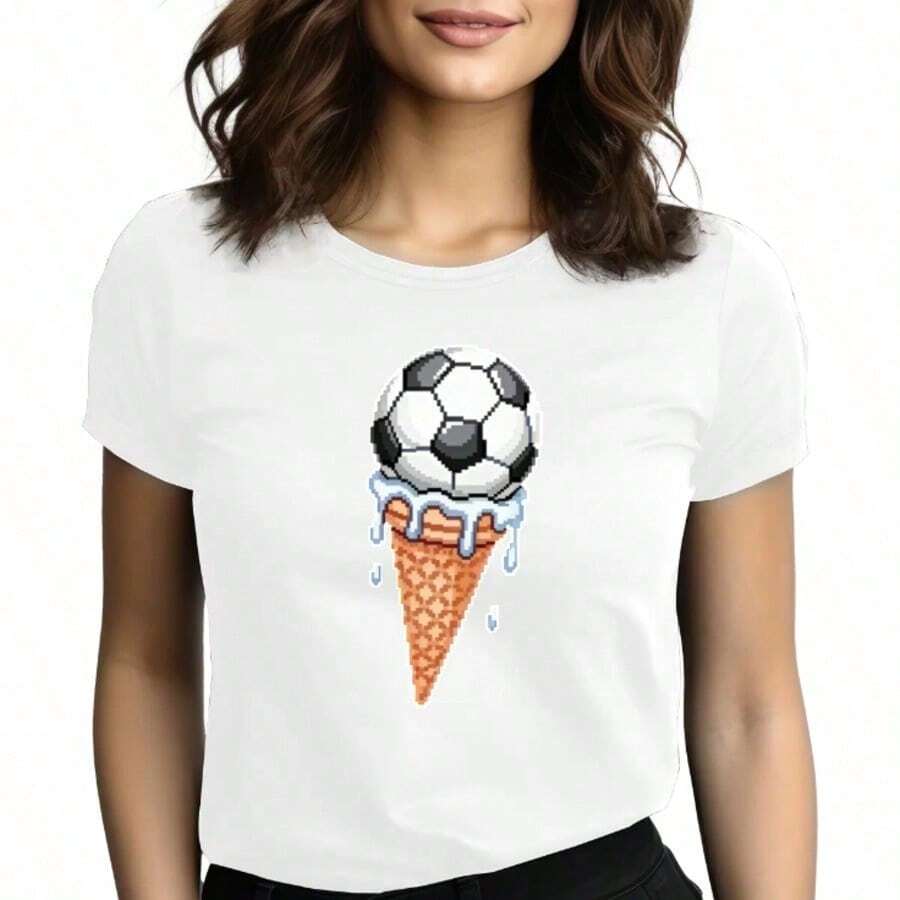 Tops para mujer Casual de Algodón Blanco para Mujer con Estampado Único de Balón de Fútbol y Helado, Cuello Redondo y Manga Corta - Blanco - Ver 1