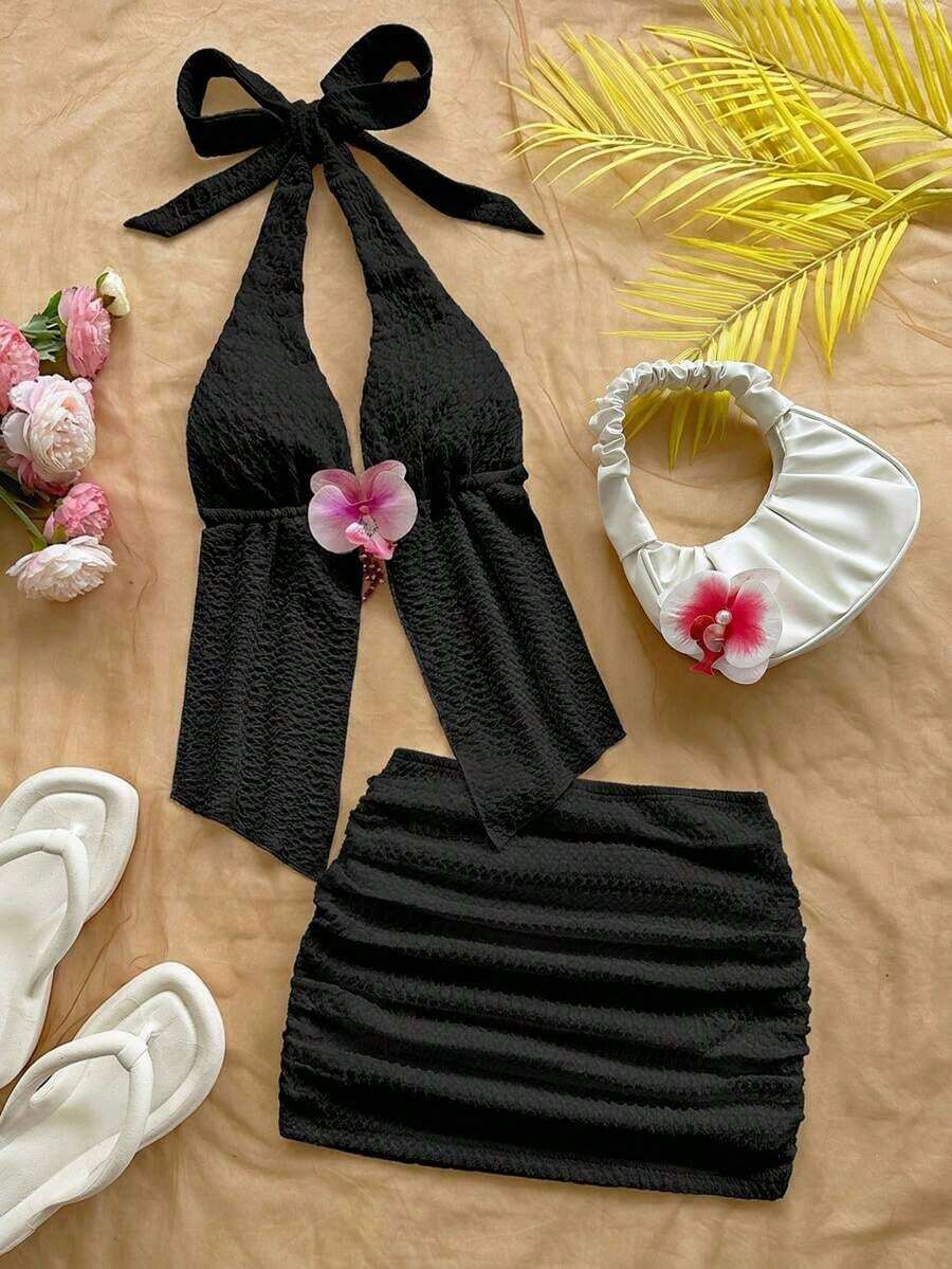 x Eduarda Gutierrez Set de 2 piezas con top de cuello de halter con decoración floral teñida anudada y falda plisada para mujer 0P0N - Negro - Ver 1