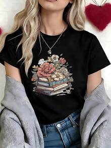 Glamorous Pearl Elegant Lady Silhouette Graphic T-Shirt, 100% Cotton Oversized Soft Breathable Chic Tee, Casual Crewneck Short Sleeve Top For Parties & Special Occasions - 黑色 - 查看 3