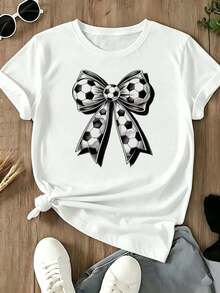 Women's White T-Shirt With Football Bow Print, Short Sleeve Round Neck, Casual Sports Top For Football Fans, Comfortable Clothing For Daily Wear And Matches, Regular Fit For Casual Outings - 白色 - 查看 1