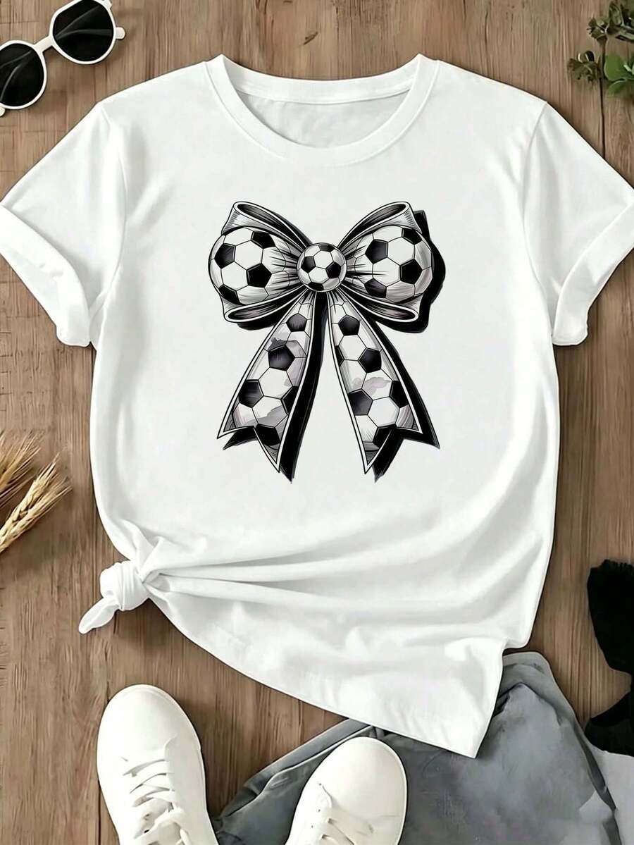 Women's White T-Shirt With Football Bow Print, Short Sleeve Round Neck, Casual Sports Top For Football Fans, Comfortable Clothing For Daily Wear And Matches, Regular Fit For Casual Outings - 白色 - 查看 1