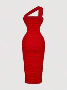 Vestido sin mangas con pliegues asimétricos de estilo vintage para mujer - Rojo - Ver 2