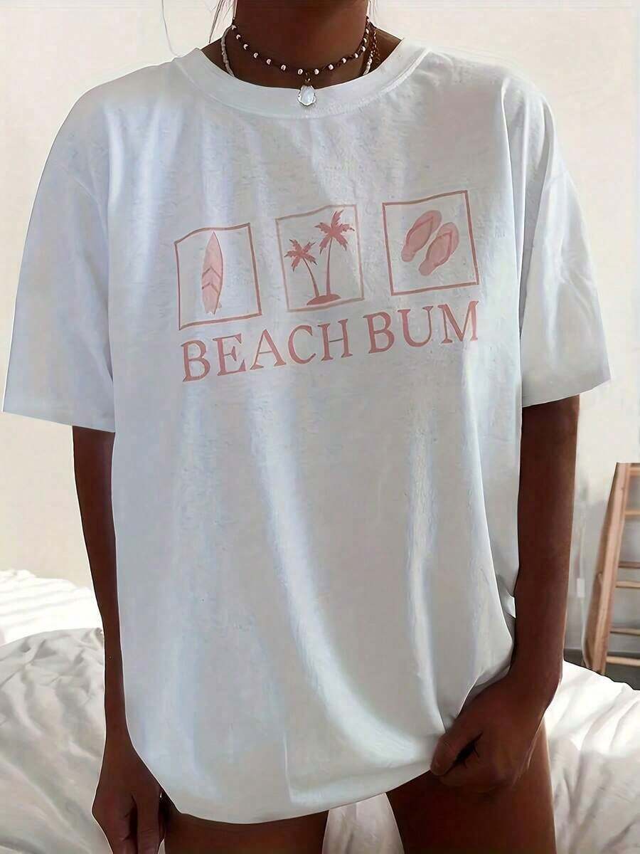 Camiseta de mujer moderna, informal, para fiestas y para estar en casa, 100% algodón, corte holgado.1pscCamiseta de letra gráfica impresa, cuello redondo de manga corta casual para todos los días, ropa de mujer100%cotton - Blanco - Ver 1