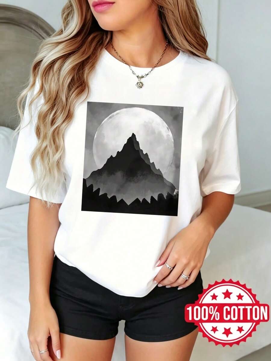 Women's Short Sleeve T-Shirt With Round Neck And Print, Summer, Casual, Night Sky Art Of The Moon On The Mountain, S-3XL, 100% Cotton Material - 白色 - 查看 1