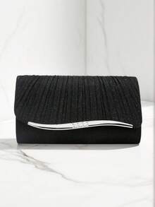 Valentine's Day Gift, Romantic Silver Clutch Bag With V-Shaped Metal Chain, Shiny Sequin Envelope Design Evening Bag, Suitable For Party, Wedding, Casual Occasions, Women Handbag, Banquet Wallet - Black - View 1