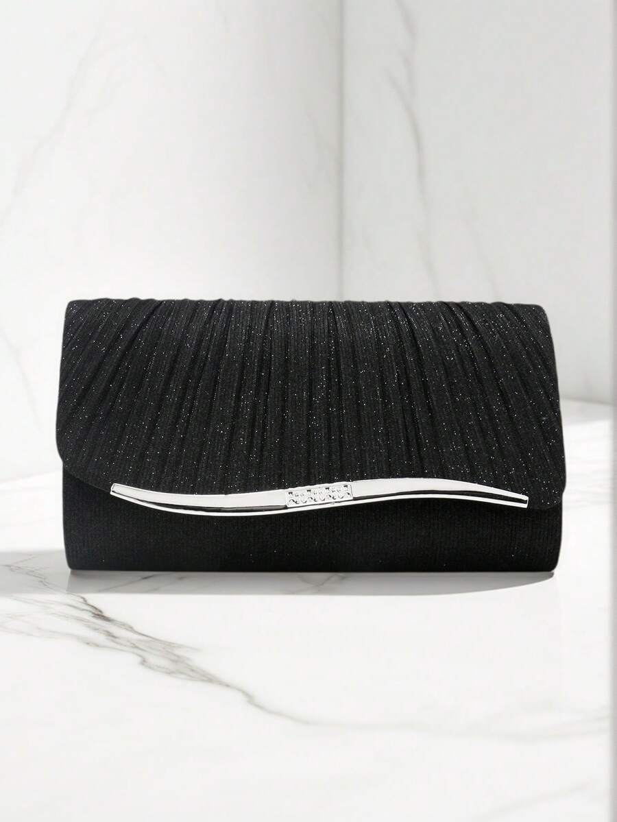 Valentine's Day Gift, Romantic Silver Clutch Bag With V-Shaped Metal Chain, Shiny Sequin Envelope Design Evening Bag, Suitable For Party, Wedding, Casual Occasions, Women Handbag, Banquet Wallet - Black - View 1