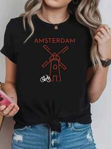 Camiseta de cuello redondo negra para mujer con estampado geométrico de molino de viento y bicicleta, diseño minimalista con temática urbana, estampado de letras a la moda, suavidad y elasticidad media, manga corta, uso casual diario, ajuste cómodo, primavera, verano, otoño, diseño, lavable a máquina, 100% algodón. - Negro - Ver 1
