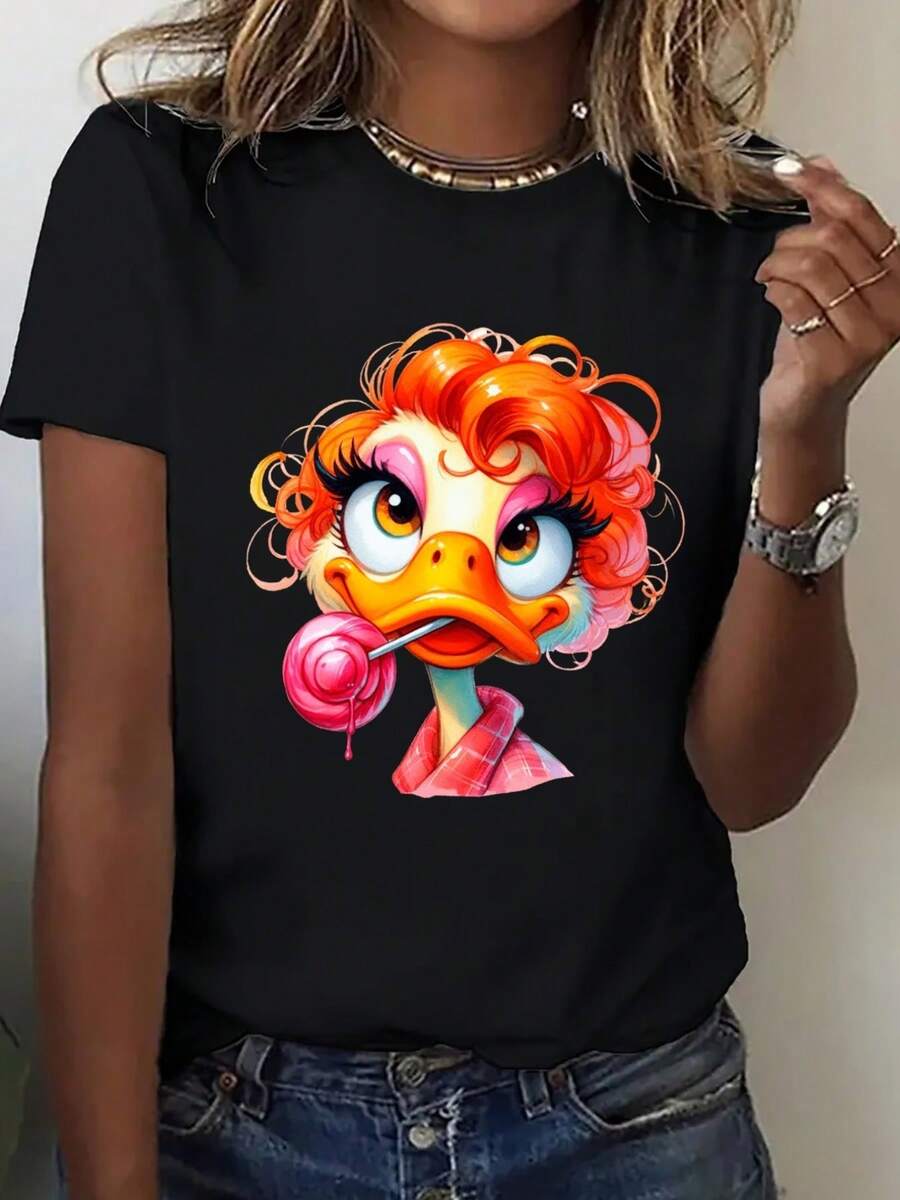 Women's Cotton Clothing, Loose-Fitting 200gsm T-Shirt With A Casual Vintage Design, Black Urban Style For Spring And Summer, New Season Fashion, Bold Prints, Breathable Fabric, Short-Sleeved T-Shirt. 4VEN - 黑色 - 查看 1