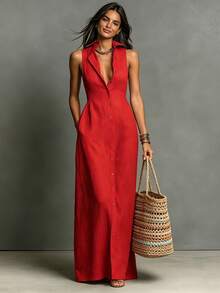 2026 Summer Women's Linen Solid Color Lapel Sleeveless Casual Long Dress - Đỏ - Xem 1